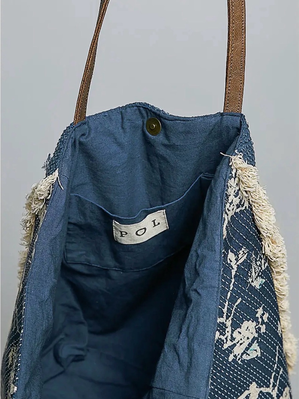 POL denim floral fringe quilted patchwork cotton embroidered love boho tote bag - Picture 4 of 5